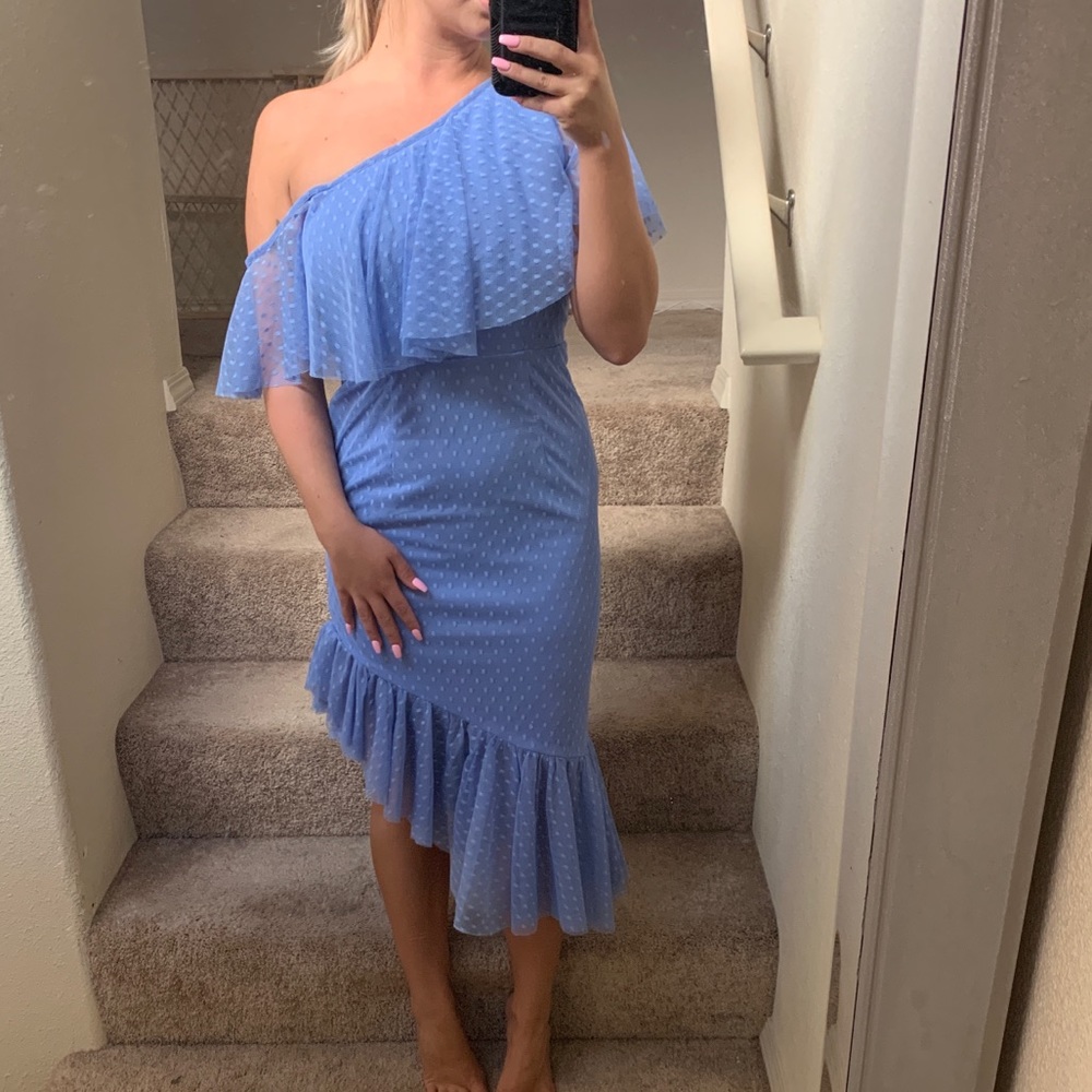 Blue, one shoulder midi dress